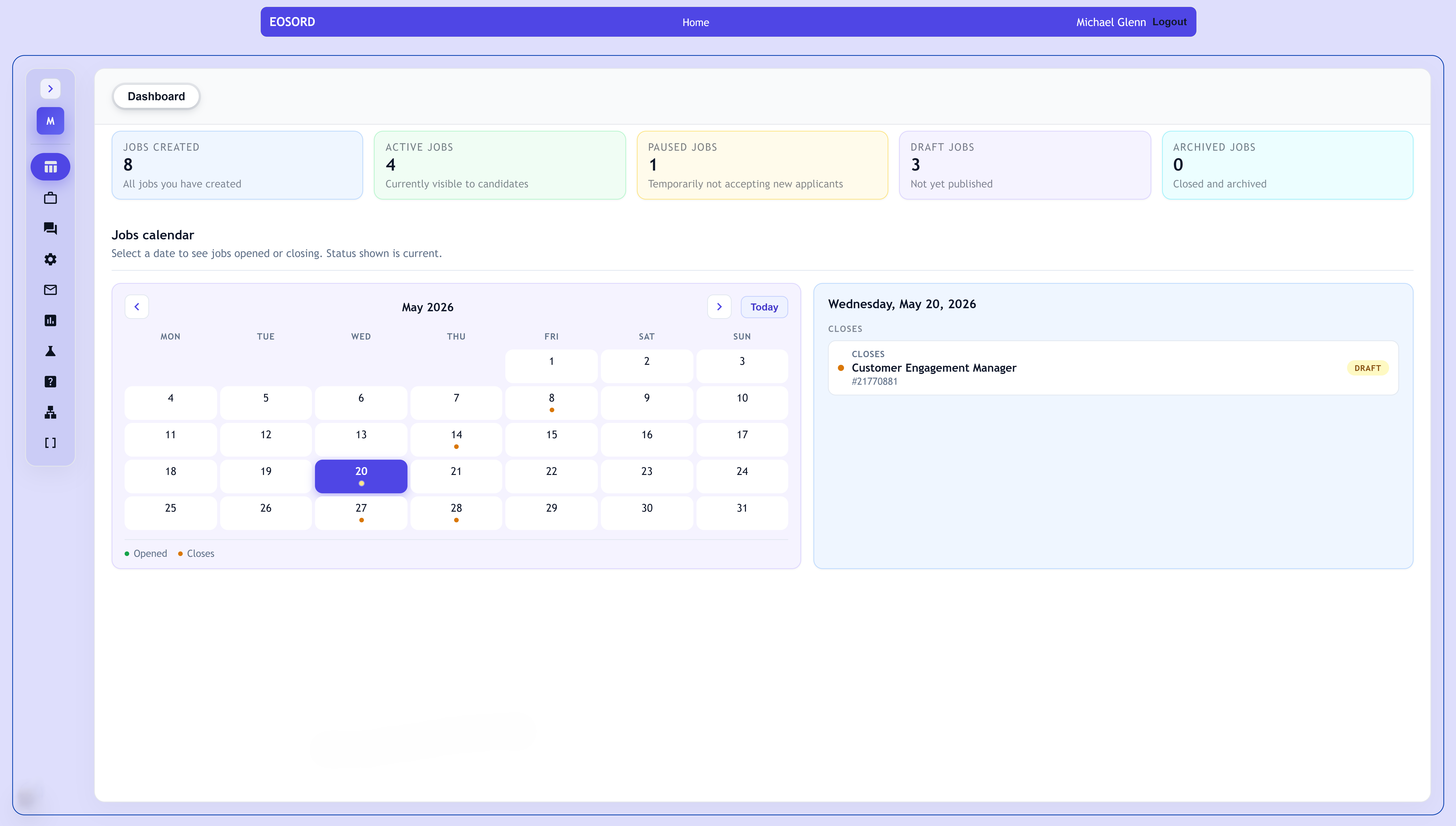 Eosord recruiter dashboard with job stats and hiring calendar